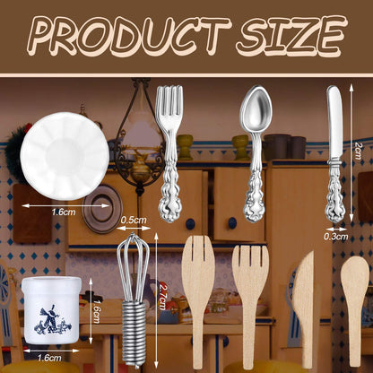 Skylety 37 Pieces 1:12 Scale Miniatures Dollhouse Kitchen Accessories Include 16 Plates Knife Fork Spoon, 6 Egg Beater Utensil, 15 Tea Cup Set(Flora Bloom)