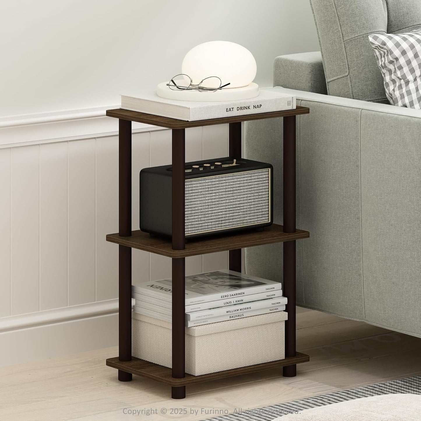 2-Tier Furinno Turn-N-Tube Side Table, End Table with Open Shelf, Easy Assembly Night Stand, Bedside Table with Round