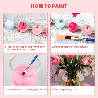 MXJSUA Pink Tulips Framed Paint by Numbers Kit for Adults Beginner with Wooden Easel, Adults' Paint-by-Numbers on Canvas, Easy DIY Acrylic Number Painting for Home Decor Gifts, 8x12 inch