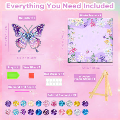 ZEHYRNE Arts and Crafts for Kids, Sparkling 3D Butterfly Diamond Art Kits for Girls 8-12 6-8, DIY Gem Art as Children's Day & Birthday Gift丨Bedroom Decoration with Wooden Stand (Purple)