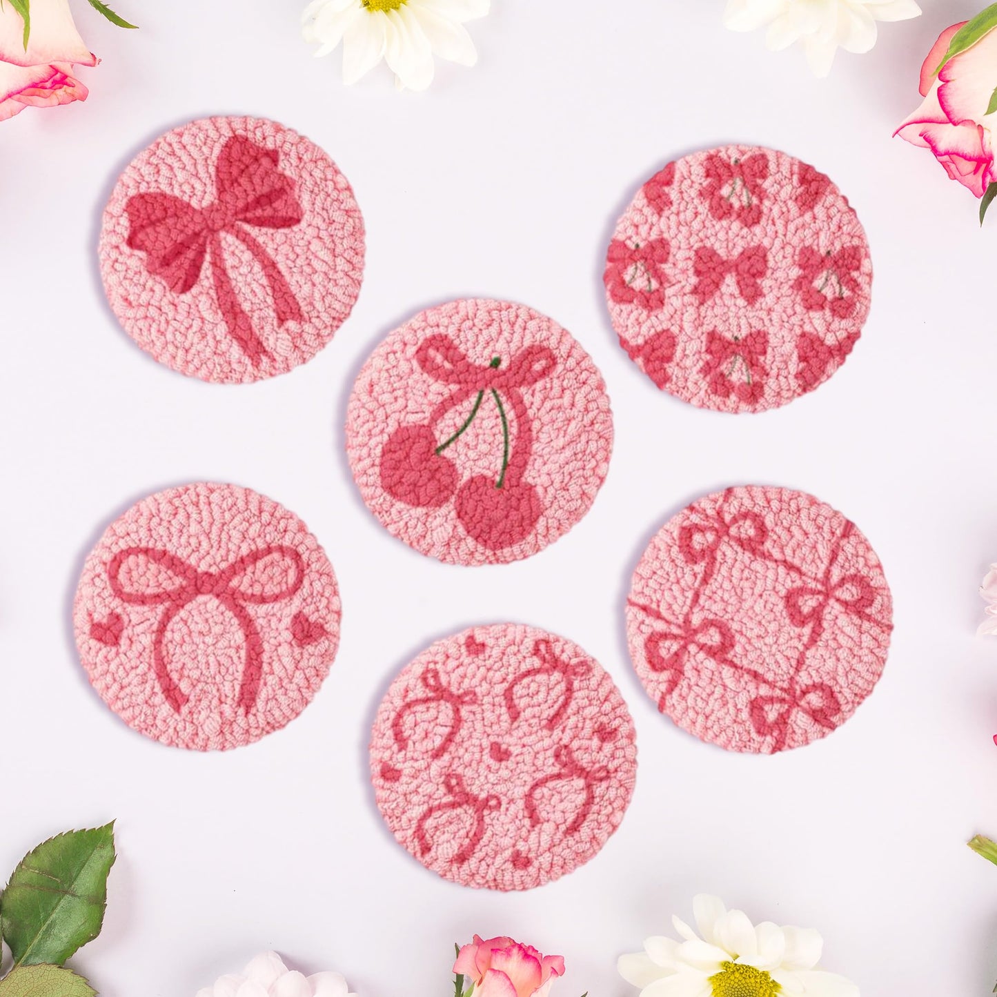 yesJRL Punch Needle Coasters Kit, Set of 6 Starter Needle Embroidery DIY Set for Beginners Adults, Easy Coasters Kit with Adhesive Felt, Yarns, Embroidery Hoop (Red Christmas)