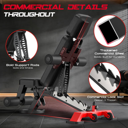 WFLGFT Commercial Adjustable Weight Bench, Heavy Duty 1800LBS Workout Bench for Home Gym, Flat, Decline, Incline Bench Press with Removable Leg and Elbow Support for Full Body Strength Training