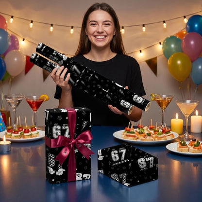 Joviwrap 6 7 Funny Number Wrapping Paper Roll, Black White Graffiti Style Wrapping Paper with Checkered Pattern, Playful Humor Design for 6 7 Fans Teens Birthday Party Supplies, 17 In x 16.4 Ft
