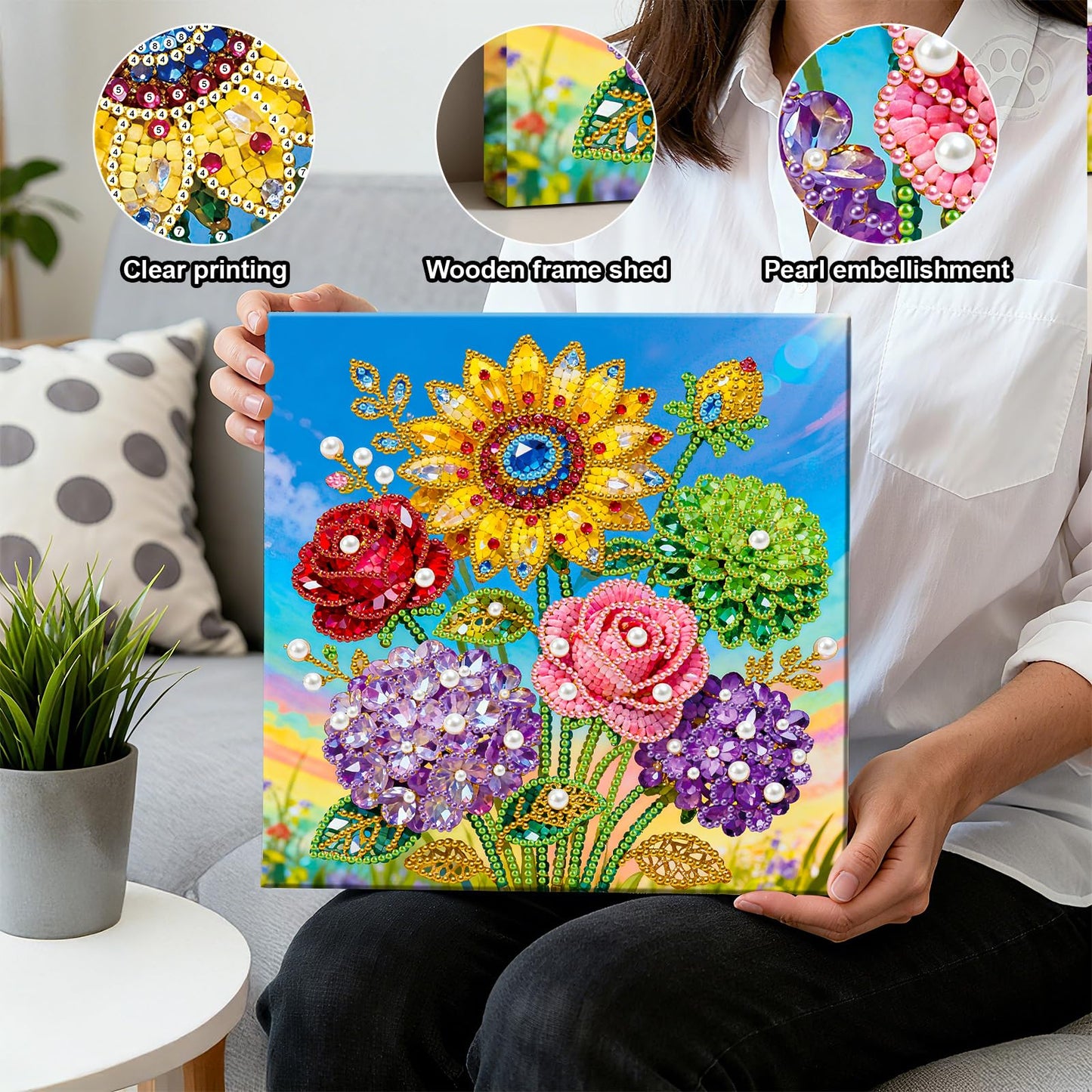 Huacan DIY 3D Pearl Painting Kit - Floral Pearl Art Craft Kit Pearl Painting with Frame for Home Wall Decor 9.8 * 9.8 Inch for Adults and Beginners