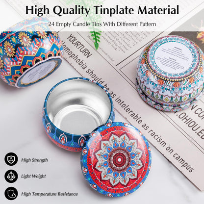 Domivirgo 24 Empty Candle Tins 2.5 oz with Lids - Simple Candle-Making Kit, Includes 26 Wicks, 5 Holders & 32 Stickers, Multi-Purpose Storage Containers for Crafts & Small Items (2.5oz)