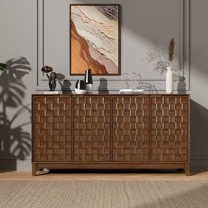 MALOL Fluted Sideboard Buffet Cabinet with Storage, 59" Wood Buffet Table with 4 3D-Checkerboard Doors & Adjustable Shelves, Kitchen Dining Room Coffee Bar Cabinet, Mid Century Modern Style, Walnut
