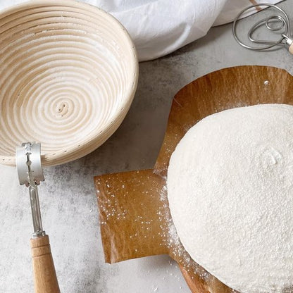 Dimpola Banneton Bread Proofing Basket Banneton Basket Set Sourdough Proofing Basket Round Proofing Bowls Handmade Rattan Baskets and Liners (Oval & Round Baking Set)
