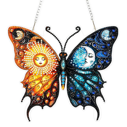 Lxmsja DIY Sun Moon Diamond Painting Hanging Ornament, Double-Sided Acrylic Butterfly Diamond Art Kit, Special Shaped Drill Pendant Window Art Kit, Suncatcher Hanging Craft Decoration 7x8 inch