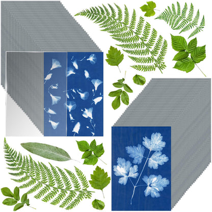 60 Sheets Sun Print Paper Cyanotype Paper Kit, A6 Sun Art Paper With 1 Acrylic Board for Sun Printing, Light Sensitive Solar Photography Paper for Kids DIY Crafts (4.1 x 5.8 inch)
