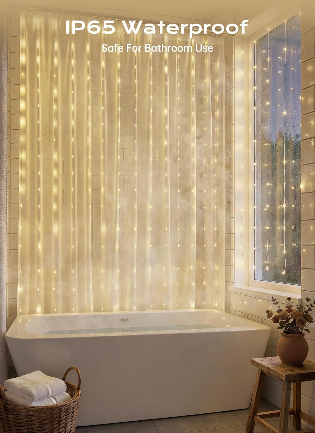 180 70 Inch 8 Brightown LED Shower Curtain Lights, Warm White Fairy Lights Battery Operated String Lights, Modes