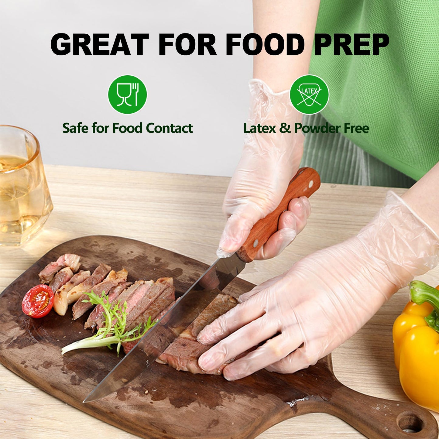 SWIFTLITE Disposable Vinyl Gloves, Food Safe, Latex-Free Powder-Free Clear Plastic Gloves for Cooking, House Clean, Food Prep (100, Large)