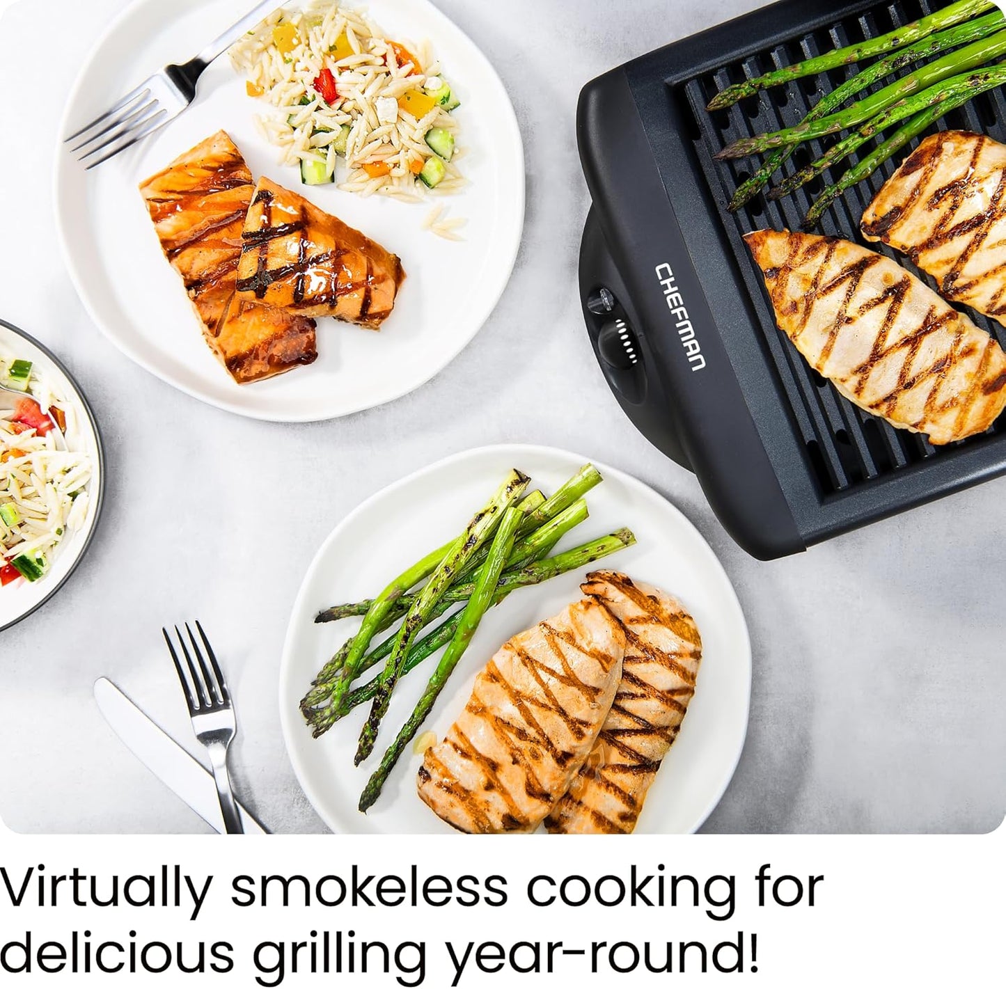 Chefman Electric Smokeless Indoor Grill, Non-Stick Cooking Surface & Adjustable Temperature Knob for BBQing, Black