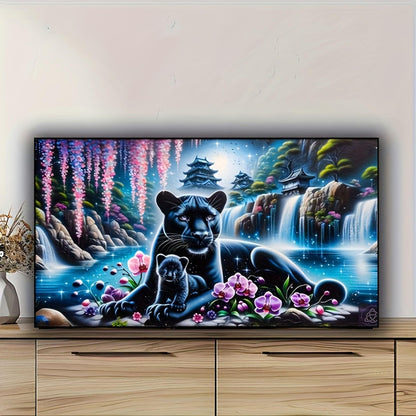 KUFWKEY Panther Diamond Art Kits for Adults,Waterfall Landscape Leopard 5D Diamond Painting Kits,Fantasy Animal Full Round Diamond Dots Kits,DIY Mosaic Craft for Home Decor 27.5x15.7inch