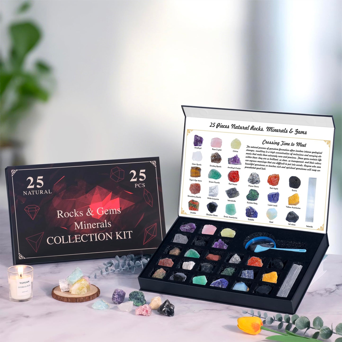 HEMYLU Rock Collection for Kids, 25PCS Crystal Gem Mineral Collection Set Box Gift for Boys and Girls, Natural Gemstone with Learning Guide Education Set