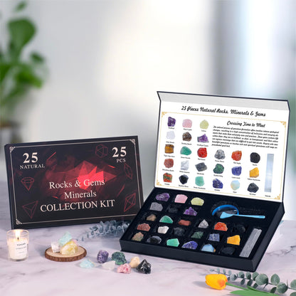 HEMYLU Rock Collection for Kids, 25PCS Crystal Gem Mineral Collection Set Box Gift for Boys and Girls, Natural Gemstone with Learning Guide Education Set