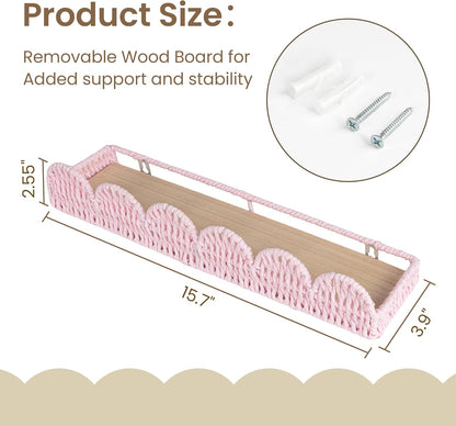 Set 4, AELS Scalloped Nursery Bookshelf, of Picture Ledge Shelf for Wall Decor, Woven Natural Fibre Floating Shelves