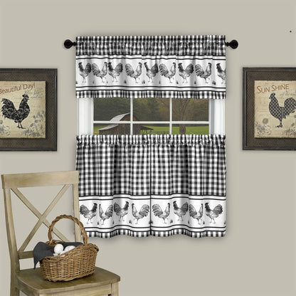 Light Filtering Printed Tier & Valance Window Curtain Set - 58 Inch Length, 24 Inch Width - Barnyard (Black), Machine