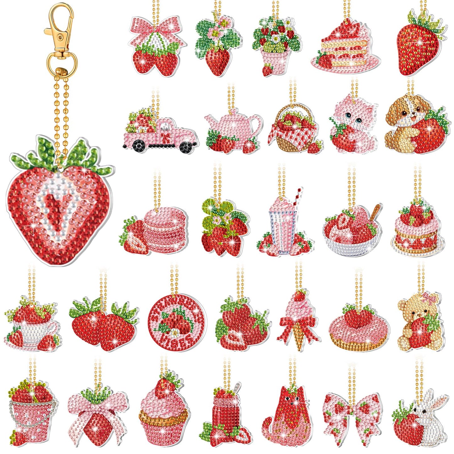 Huquary 30 Pcs Diamond Painting Keychains Strawberry Diamond Art Berry Party Crafts Favor 5d Double Sided Keychains for Adult Beginner DIY Crafts Party Gift