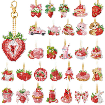 Huquary 30 Pcs Diamond Painting Keychains Strawberry Diamond Art Berry Party Crafts Favor 5d Double Sided Keychains for Adult Beginner DIY Crafts Party Gift