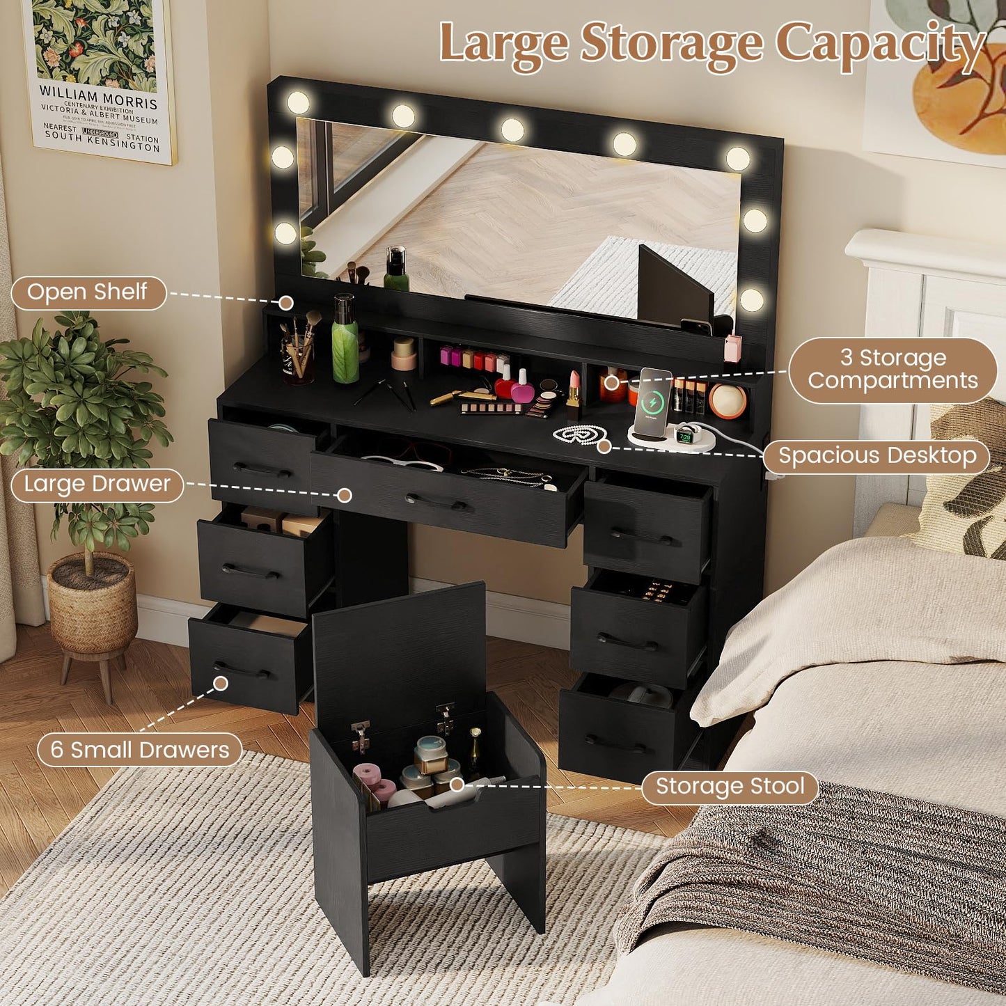 CHARMAID Vanity Desk with Mirror and Lights, Charging Station & Storage Stool, Makeup Vanity Table with 7 Drawers, 3 Open Cubbies, 46.5" Large Modern Dressing Table with Chair for Bedroom, Black