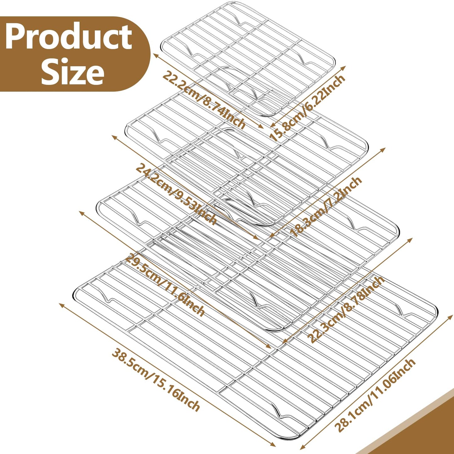 Gabotrie Baking Cooling Rack Set of 4, Stainless Steel Baking Racks, Heavy Duty Wire Racks, Non-Stick Roasting Rack for Baking Cooking Roasting, Oven & Dishwasher Safe, 4 Various Sizes