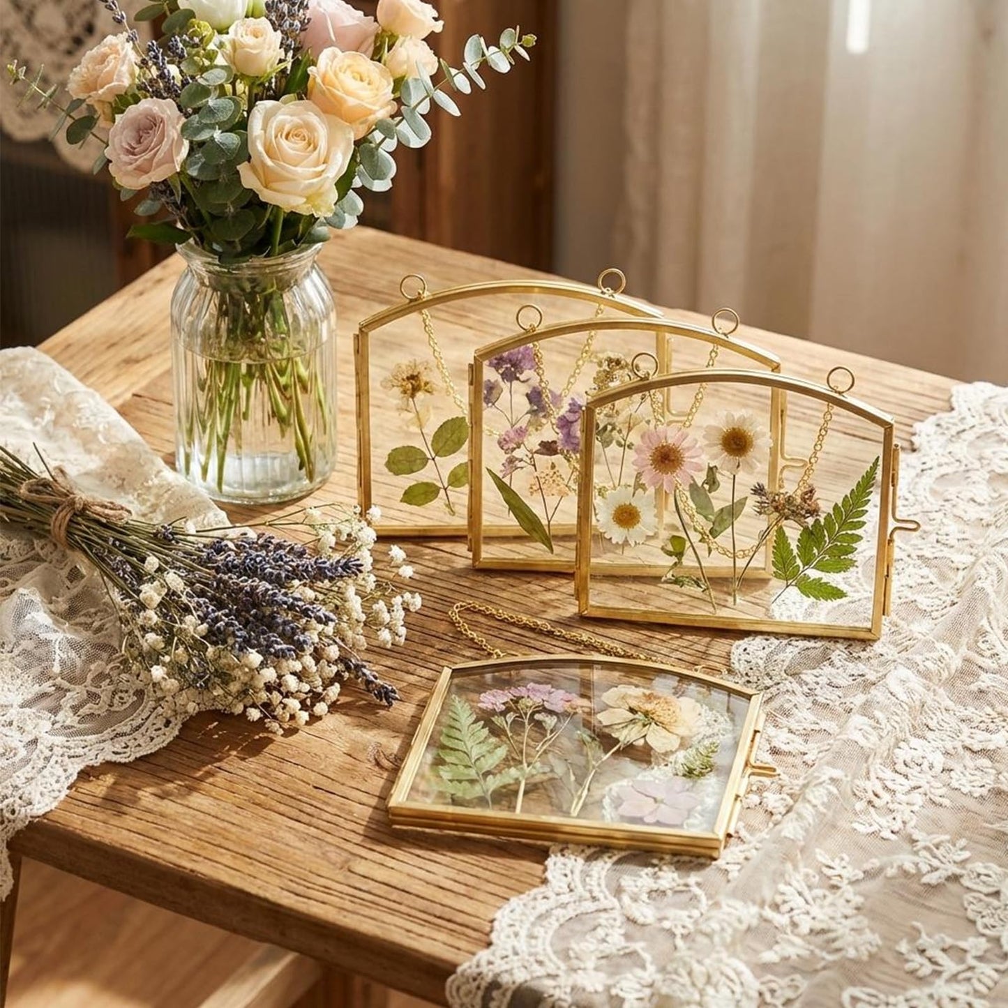 FOCHIER 4 Pcs Double Glass Frame for Pressed Flowers Floating Hanging Photo Frame 3x2 in Brass Clear Pressed Flower Decor with Chain for Display Gallery Artwork, Horizontal Vertical, Gold