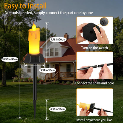 Solar Flameless Candles Outdoor Waterproof, Patented Dual-LED Flickering Flame 7" Dripping Wax Pillar with Detachable Stake, 3-Sided Solar Base for Patio, Cemetery (4 Pack)