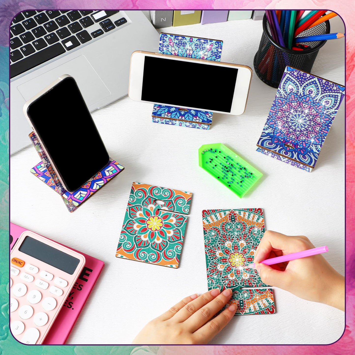 Saillong 4 Pcs Large Mandala Diamond Painting Cell Phone Stand 5.5 Inch DIY Full Drill Crystal Diamond Art Phone Holder Bling Painting Art Craft Kits for Beginner Adult