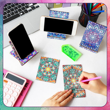 Saillong 4 Pcs Large Mandala Diamond Painting Cell Phone Stand 5.5 Inch DIY Full Drill Crystal Diamond Art Phone Holder Bling Painting Art Craft Kits for Beginner Adult