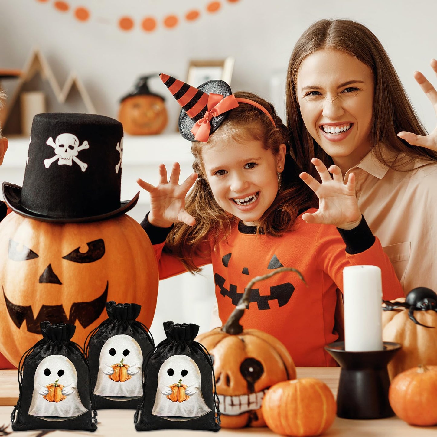JarThenaAMCS 24 Pack Halloween Burlap Bags Spooky Ghost Pumpkin Gift Bags Black White Orange Linen Treat Goody Bag with Drawstring for Halloween Party Favors