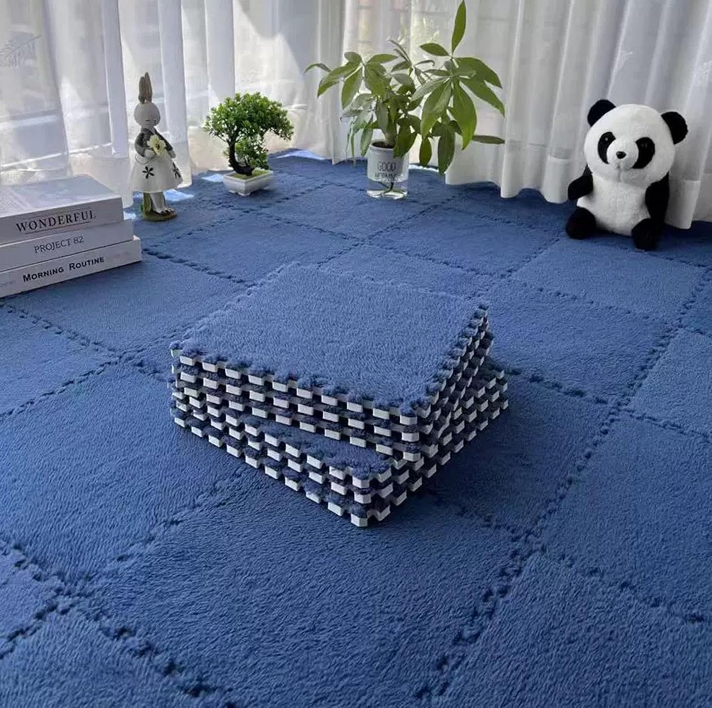 12 49" 37" 12 Pcs Kids Foam Interlocking Carpet Tiles with Border, Thick Carpet Squares Plush Floor Playmats Baby