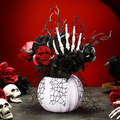 Chuangdi Halloween Table Centerpieces Decorations Halloween Table Artificial Flowers Decor Gothic Skeleton Hand with Black Red Fake Roses Removable Pumpkin Vase for Party Dining Photo Props