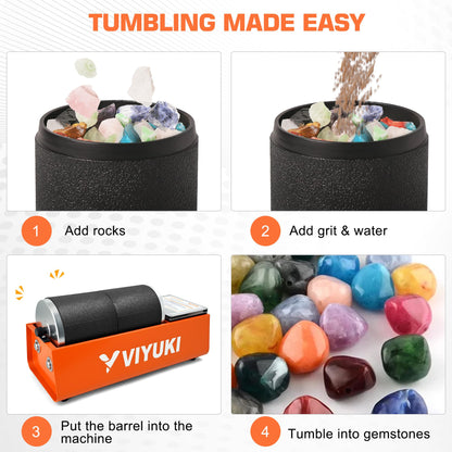 VIYUKI Professional Rock Tumbler Kit - Double Drum 6LB Rock Polisher(Double Barrel), Includes Rough Gemstones, 8 Polishing Grits, Jewelry, Learning Guide, Ideal Gift for Adults & Collectors