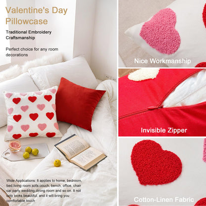 Valentine‘s Day Throw Pillow Covers Set of 2, 18x18 Inch (45x45cm) - White & Red Love Heart Embroidery Decorative Cushion Covers for Couch Sofa Bedroom, Valentine’s Gift for Her, Couples, Anniversary