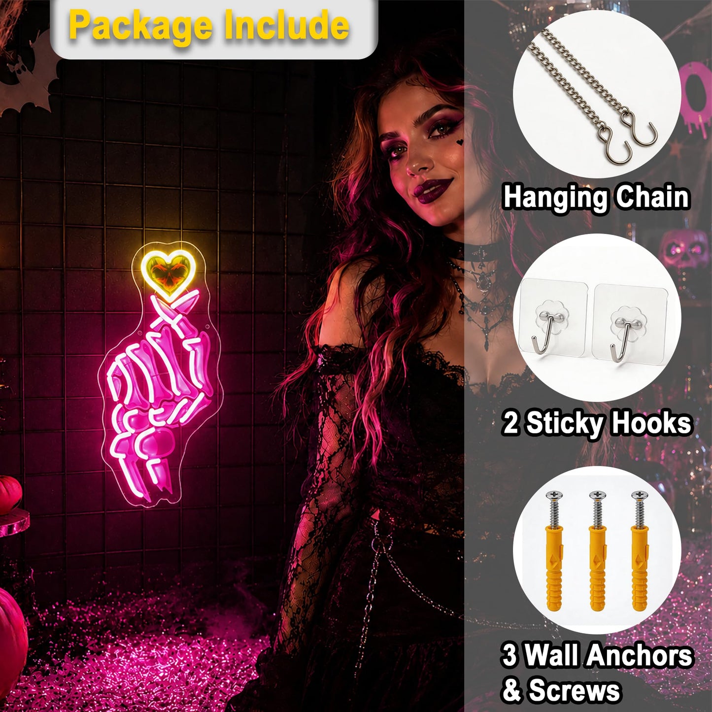 HSJNJKFU Pink & Yellow Neon Sign for Wall Decor Led Light Sign Neon Light for Room Party Home Wall Decor USB Powered - Skeleton Finger Heart