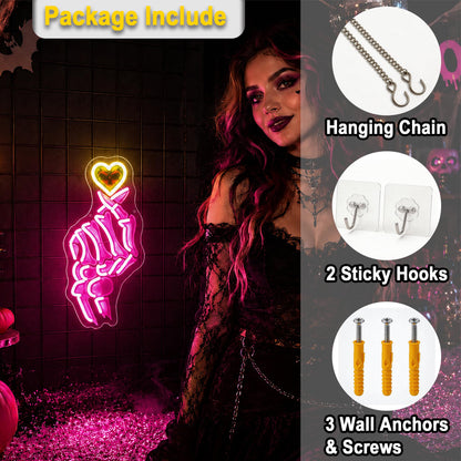 HSJNJKFU Pink & Yellow Neon Sign for Wall Decor Led Light Sign Neon Light for Room Party Home Wall Decor USB Powered - Skeleton Finger Heart
