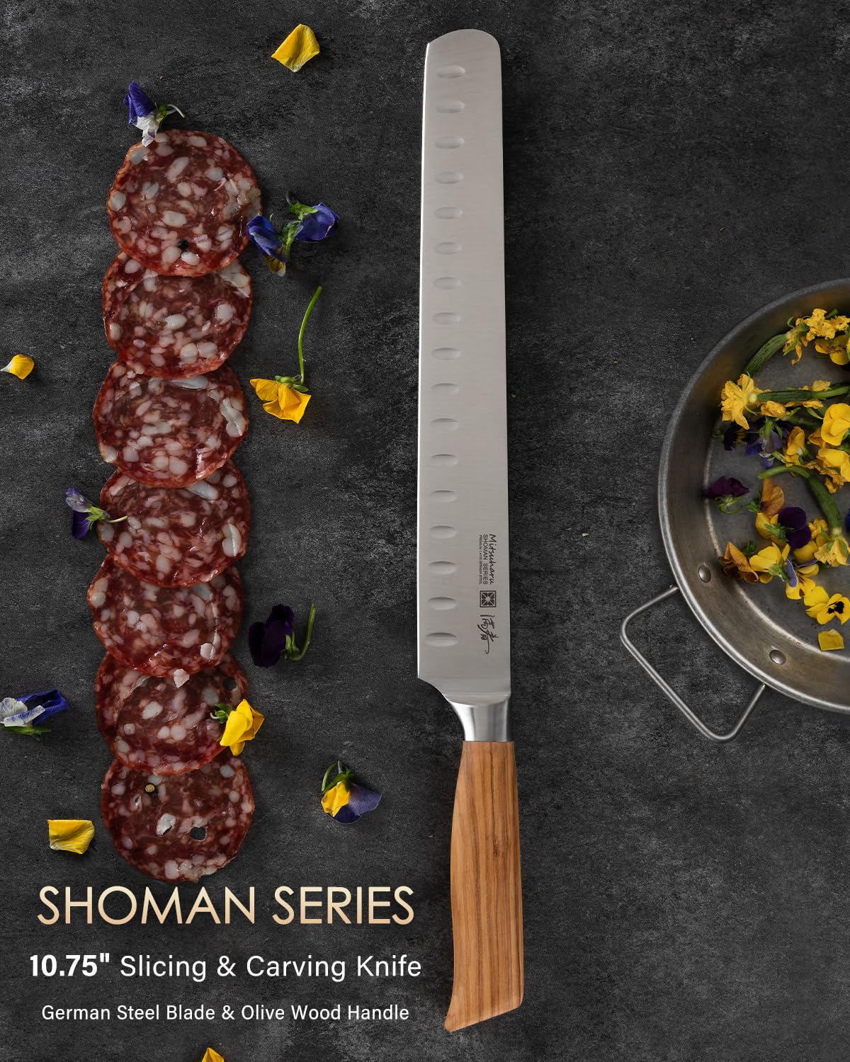 Mitsuharu 10.75" Slicing Knife, SHOMAN Series Brisket Knife for Meat Cutting with Ergonomic Olive Wood Handle, German Steel Meat Carving Knife for BBQ Brisket Turkey Ribs Roast Beef with Case
