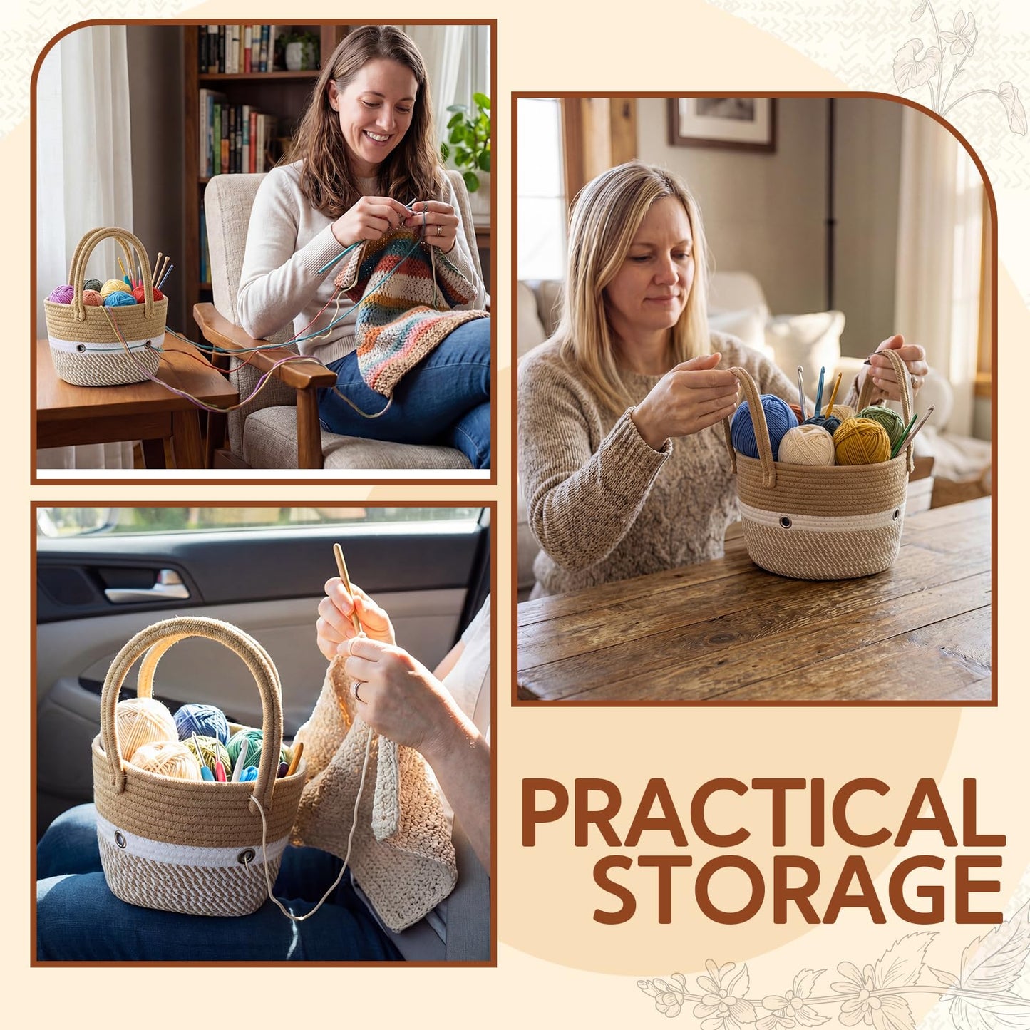 Tudomro Portable Crochet Bag Organizer, Yarn and Needles Straw Tote Basket, Knitting Storage Tote Bag with Grommets, Woven Bags Knitting Accessories for Small Projects, Gifts for Crochet Lovers