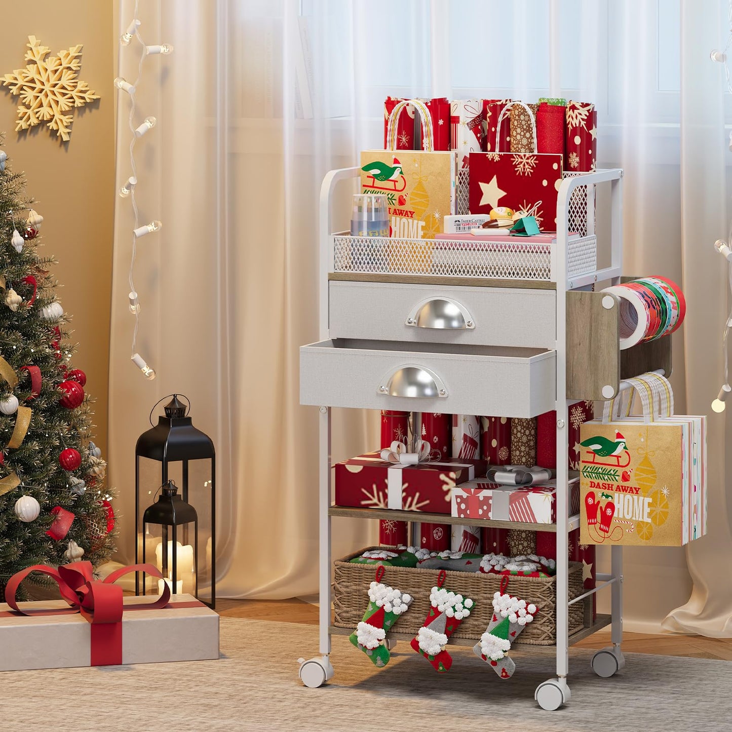 Rolling Craft Storage Cart with 2 Small Fabric Drawers & Lockable Wheels, DIY Organizer for Wrapping Paper, Paints, Brushes, Craft Supplies, Multi-Tier Craft Cart Tape Holder, 16.54x11.4x32.68 Inches