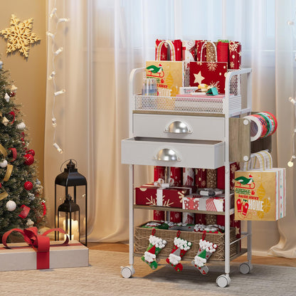 Rolling Craft Storage Cart with 2 Small Fabric Drawers & Lockable Wheels, DIY Organizer for Wrapping Paper, Paints, Brushes, Craft Supplies, Multi-Tier Craft Cart Tape Holder, 16.54x11.4x32.68 Inches