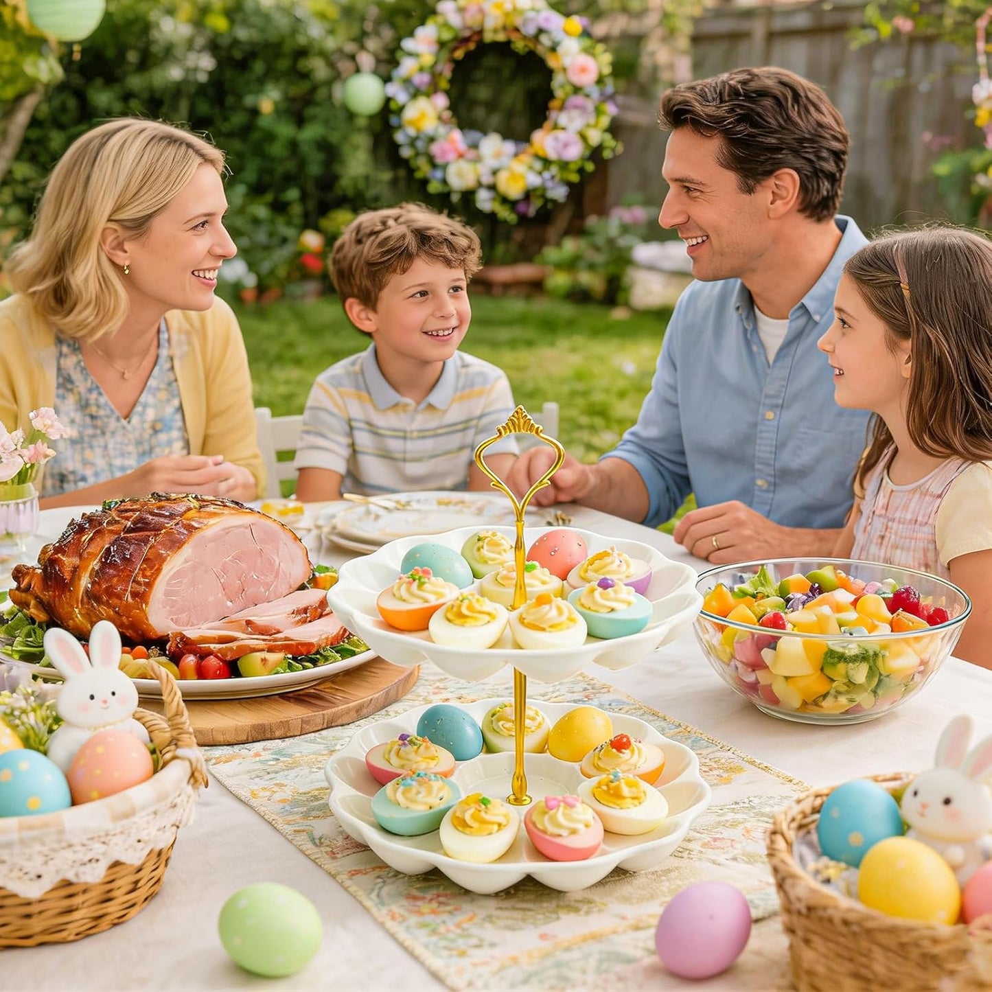 2 24 Countertop Tier Ceramic Easter Deviled Egg Platter Hole Deviled Egg Tray Container, Detachable Eggs Holder Tower