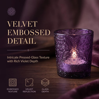 12 Pack Mandala Embossed Glass Candle Holders – Votive Tealight Holders with Patent Design, Decorative Embossed Glass Cups for Wedding Centerpieces, Parties, and Home Décor (Amethyst Bloom)