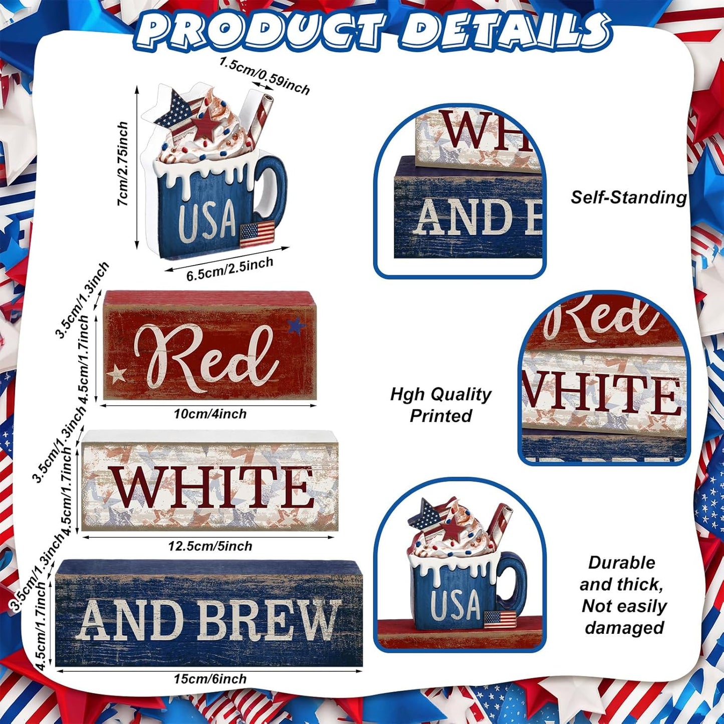 4 4th 250th CroBlissful Pcs of July Decorations Patriotic Memorial Day Tabletop Decoration Red White Blue Table