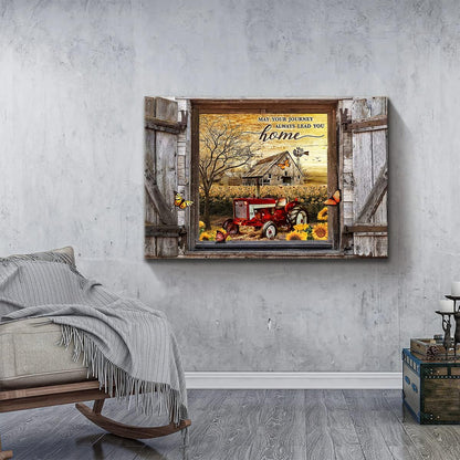 Farmhouse Canvas Wall Art Red Old Tractor Picture, Rustic Sunflowers Country Painting for Kitchen Decor