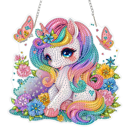 Lxmsja DIY Little Unicorn Diamond Painting Hanging Ornament, Double-Sided Acrylic Rainbow Flowers Diamond Art Kit, Special Shaped Suncatcher Hanging Pendant Window Art Kit