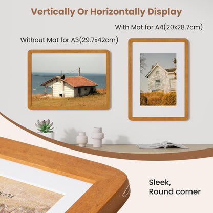 A3 Picture Frame,Natural Solid Teak Wood Photo Frame with HD Tempered Glass,A3 Photo Frames Matted to A4,Rounded Corner Wooden Frames Wall Decoration for Family/Graduation/Wedding/Certification
