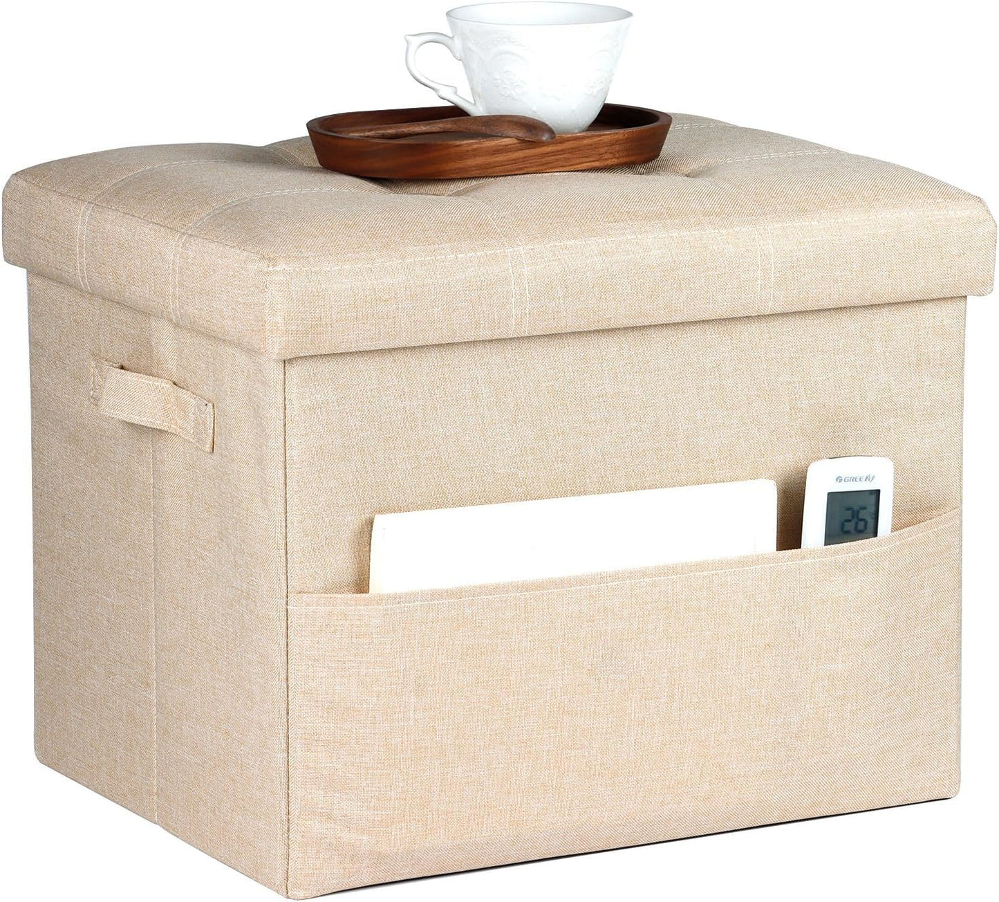 17x17x13 Inches, Bsketa Storage Ottoman Foot Rest, Folding Linen Cotton Ottoman with Storage with Side Pockets