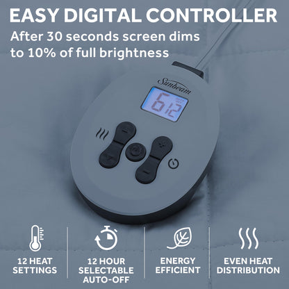 Sunbeam Premium Quilted Electric Heated Mattress Pad Twin 39" x 75" - 12 Heat Settings, 12-Hour Selectable Auto Shut-Off, Fast Heating, Warming Bed, Machine Washable, Extra-Soft Warm Cozy
