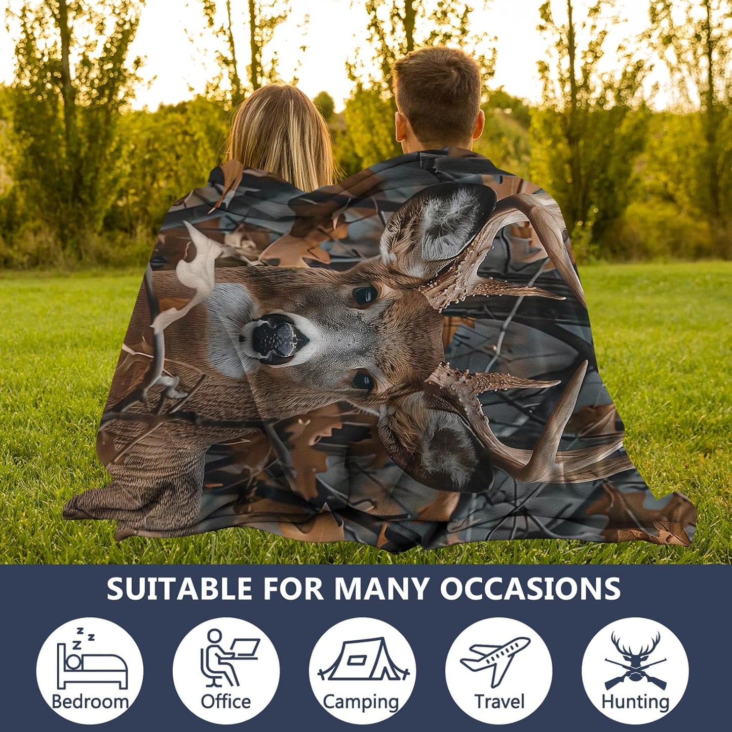 Camo,80"x60" KOYI Camo Gifts for Men, Camo Buck Blanket, Realistic Camo Leaves with Deer Blanket, Deer Gifts for Men