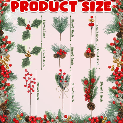 Riceshoot 42 Pcs Christmas Picks with Pine Cones Holly Berry Artificial Red Berries Stems Pine Branches Small Christmas Berry Picks for Crafts Wreath Garland Decoration